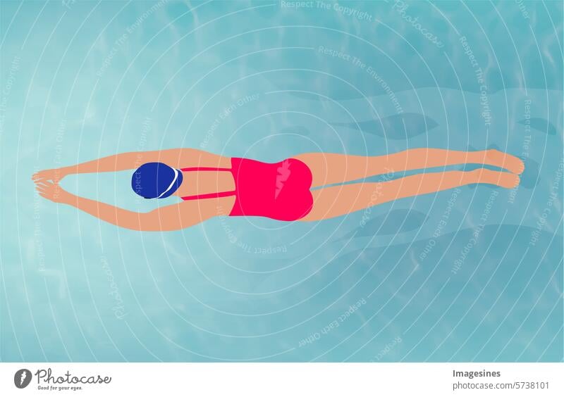 Schwimmstil. Brustschwimmen im Wasser. Die schwimmende Frau trägt einen rot-rosa Badeanzug und eine blaue Badekappe. Illustration aktiv Aktivität Athlet schön