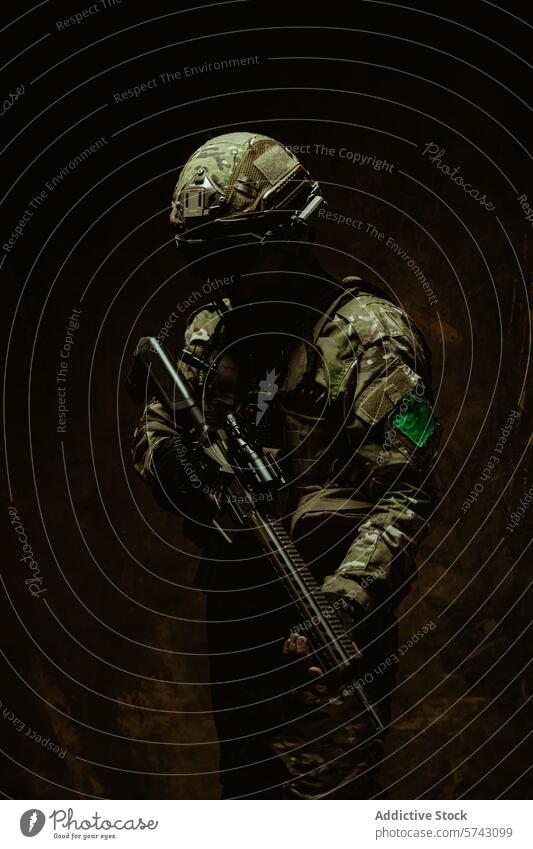 An enigmatic Latin American soldier enveloped in darkness stands with his rifle, showcasing a silhouette of readiness military shadow profile helmet camouflage