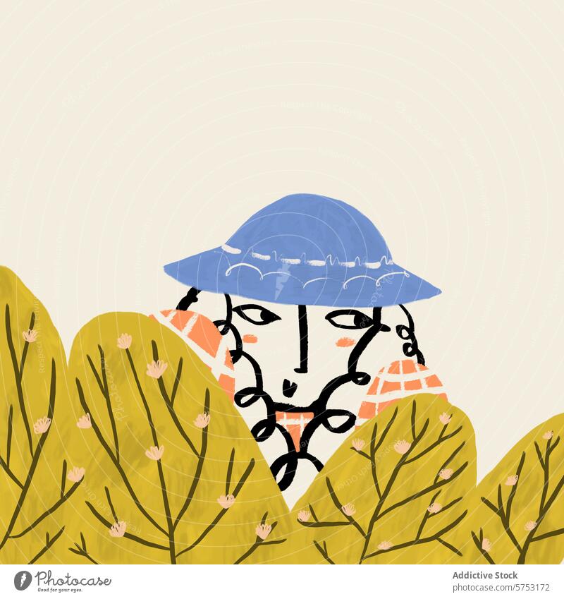 Person in blue hat peeking through yellow bushes illustration person whimsical stylized art hidden graphic character design simple minimalist modern quirky cute