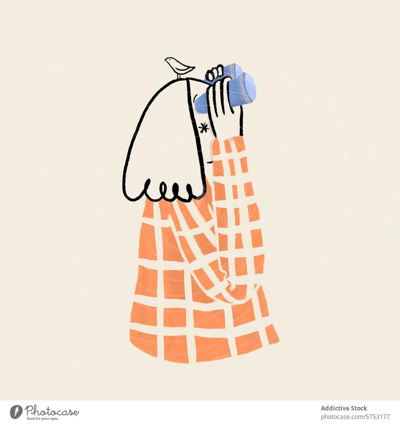 Abstract illustration of person holding mug on beige background abstract minimalist drawing orange check dress blue bird neutral art design hand-drawn graphic