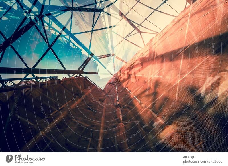 botched construction Worm's-eye view Sky Beautiful weather Abstract Double exposure Scaffold Architecture Perspective Facade Exceptional Crazy Skyward Orange