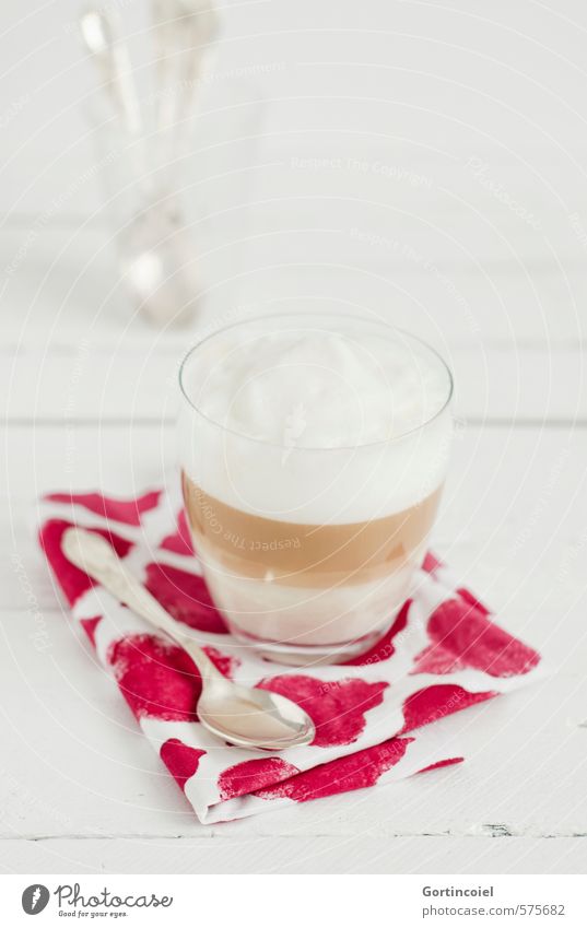 trendy drink Dairy Products Nutrition Breakfast To have a coffee Beverage Hot drink Milk Coffee Latte macchiato Glass Spoon Delicious Teaspoon Breakfast table