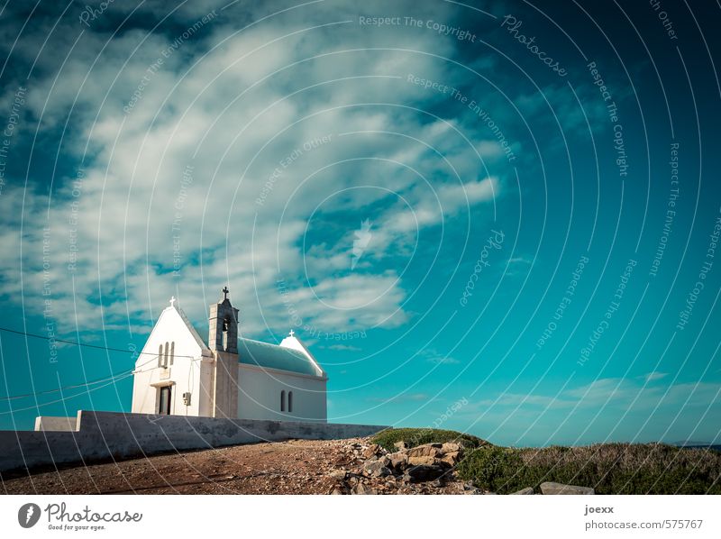 connection Landscape Earth Sky Clouds Summer Beautiful weather Church Wall (barrier) Wall (building) Old Blue Brown Green White Calm Hope Belief Horizon Idyll