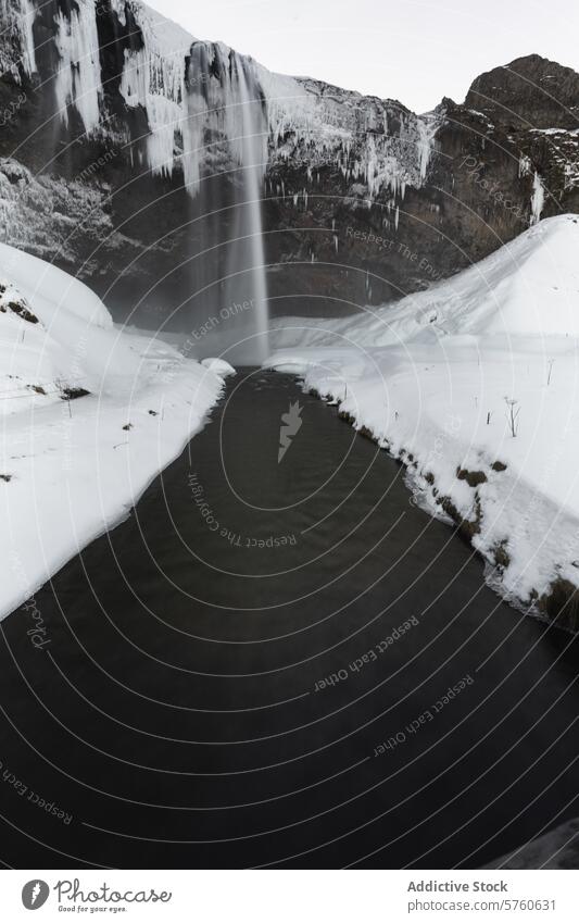 A majestic waterfall cascades in an icy embrace, framed by snow-draped cliffs and a calm river in the heart of Iceland's winter landscape serene ice nature