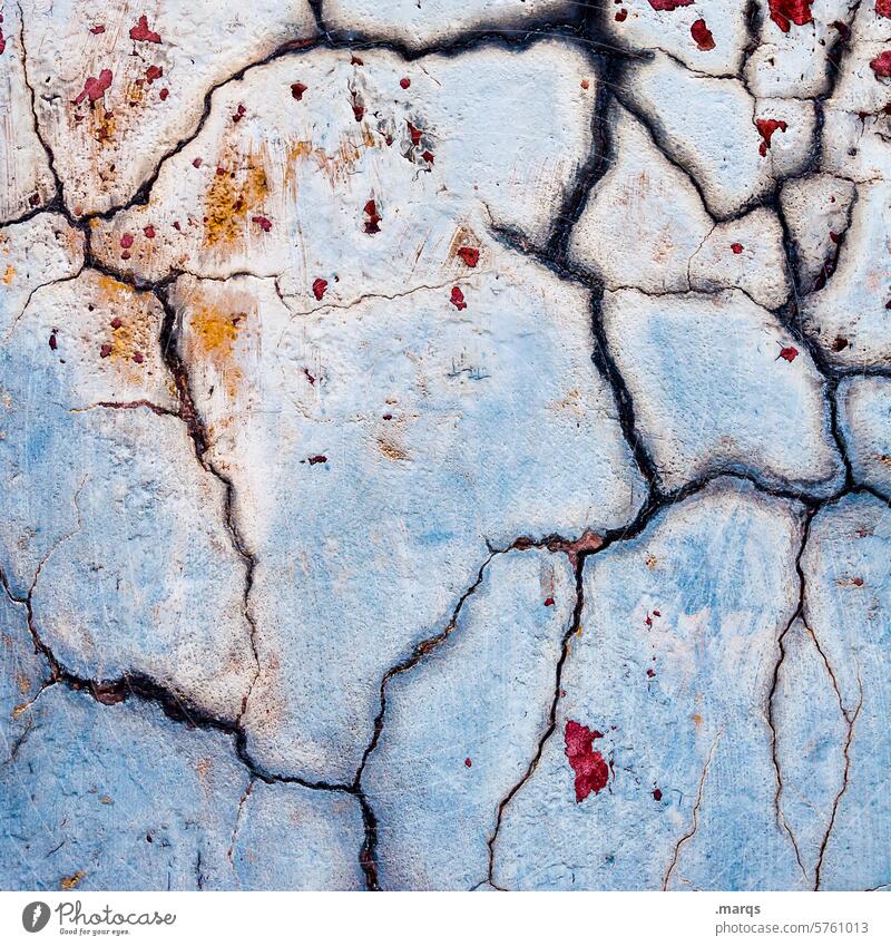 Crafty Dry Abstract Blue White Yellow Facade Plaster Wall (barrier) Stone texture Weathered Close-up Surface structure cracks Structures and shapes Change