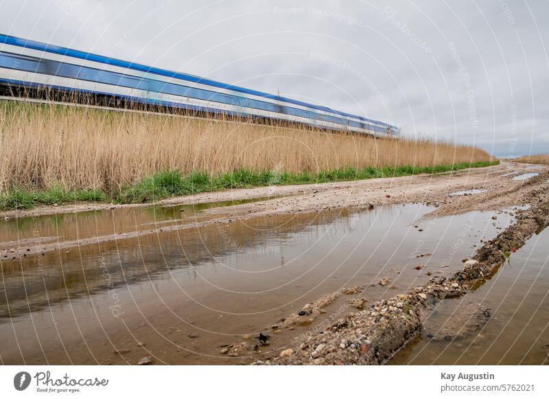 train service Mirror effect Water reflection Puddle Rain puddle Puddles photography Track puddle photo Train services railway line Surface of water
