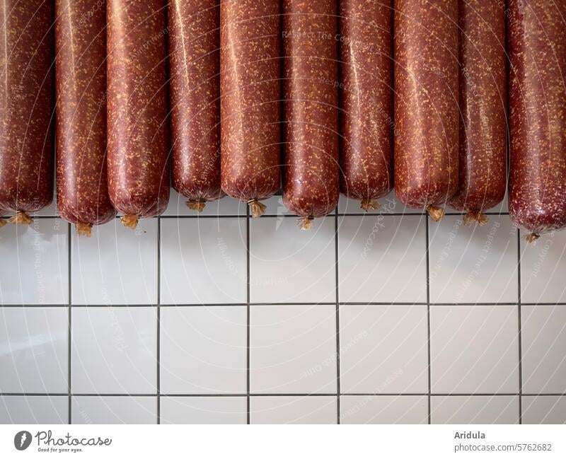 Mettwurst sausages in front of white tiles Meat Butcher butcher Sausage Colour photo Nutrition Trade Animal Swine Eating Killing Farm animal Food Pork