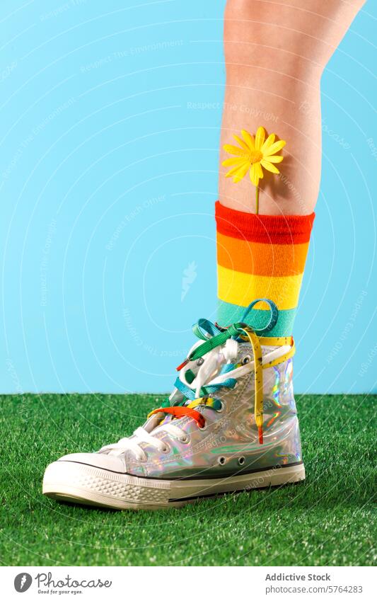 Unrecognizable Person in Colorful Spring Attire unrecognizable cropped person colorful spring attire socks sneakers yellow flower grass blue sky vibrant joy