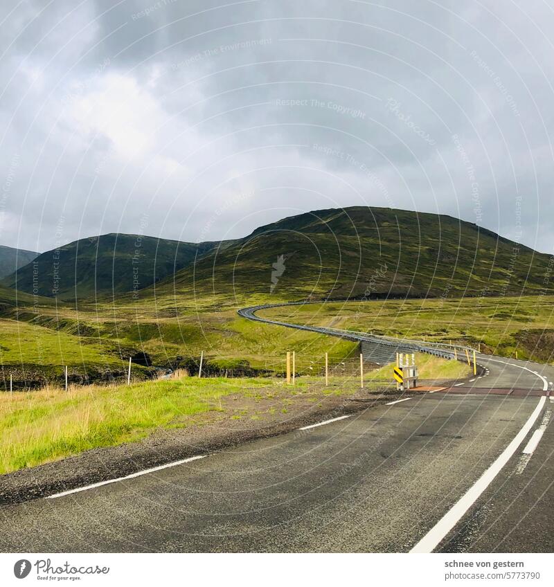 Green landscapes Iceland Street Landscape Vacation & Travel Colour photo Clouds Deserted Exterior shot Environment Far-off places Sky Blue Mountain Freedom Hill