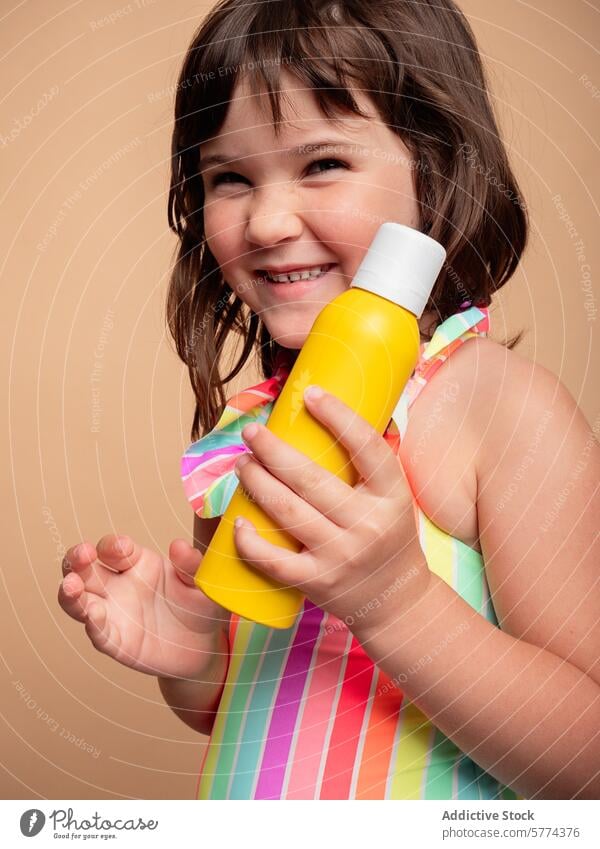 Young girl smiling holding yellow bottle child smile happiness dress striped cheerful colorful beige background joy grip bright kid female young carefree