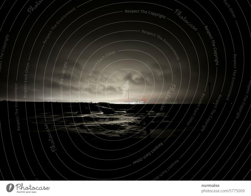 Terminal Spukitabal Bremerhaven Norndsee containers Container terminal Trade China Night Low tide Eerie Rain Moody Gale salt water Lighting Night work
