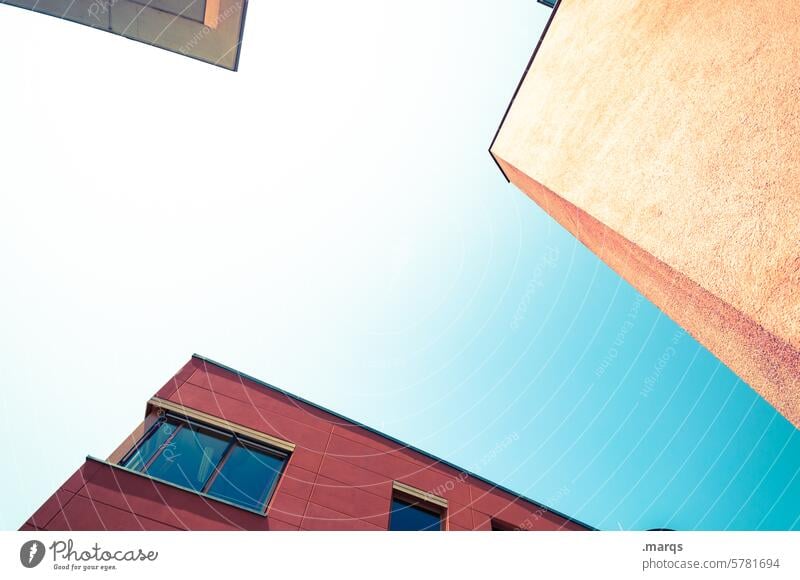 Three Red Sharp-edged Architecture Modern Worm's-eye view Blue Building Cloudless sky House (Residential Structure) Esthetic Perspective Facade