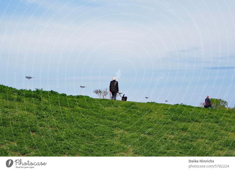 Grass and sky. Elderly lady walking her dog under a blue sky on a grassy embankment. older woman White-haired Silverager Nature stroll free time Relaxation