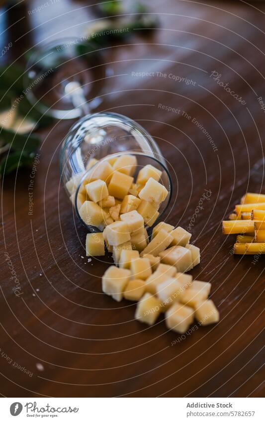 Wine glass tipped with cheese cubes spilled on wood wine glass wooden table snack appetizer dairy food gourmet natural simple ingredient wooden surface kitchen