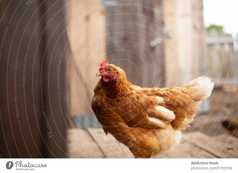 Brown Hen Posing in Rustic Farm Setting hen farm rustic countryside poultry bird agriculture domestic animal feather brown livestock barnyard rural nature