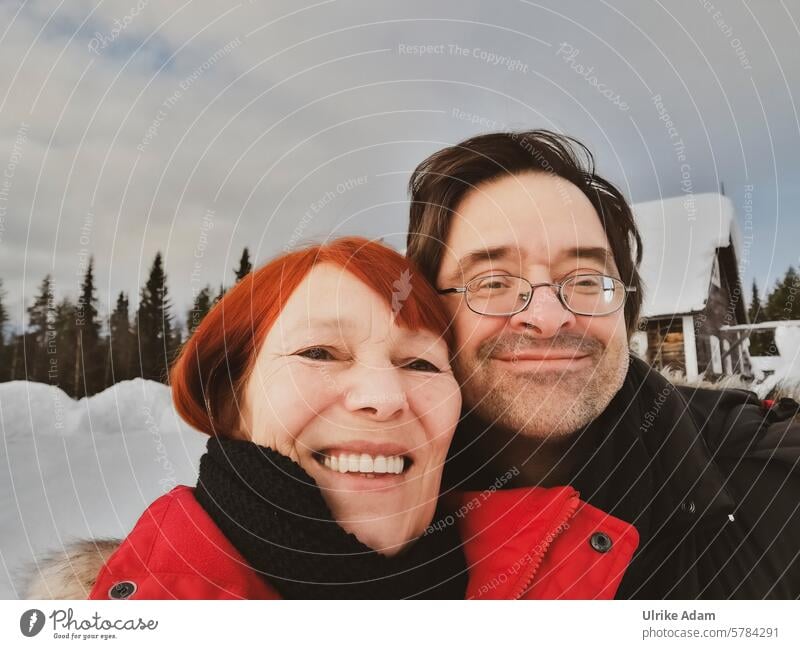 Lapland 5.0 winter clothes Together Harmonious Happy Relationship Happy couple people Joy Laughter fortunate Couple Light Sunlight Gorgeous idyllically Tourism