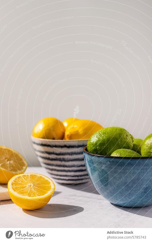 Fresh lemons and limes in bowls on a table fruit yellow green fresh citrus tangy sour kitchen food nutritious ripe cut halved vibrant surface shadow natural