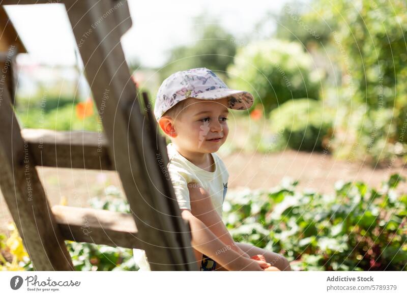 Joyful child playing outside in a lush garden summer outdoors hat playful wooden structure greenery flowers joyful sitting summer day nature happy cheerful