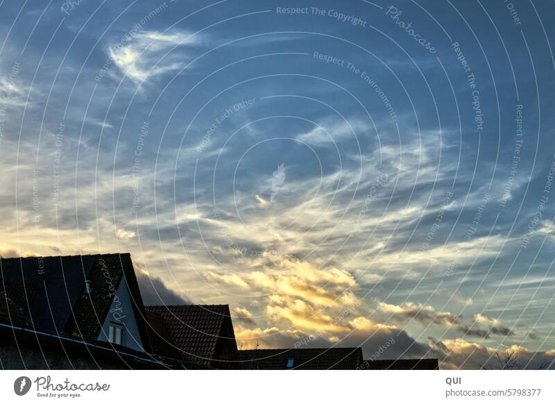 Evening sky over rooftops Sky sunset evening mood Sunset Light Clouds cloud play structures Cloud structures houses settlement roofs Roof Window Twilight Nature