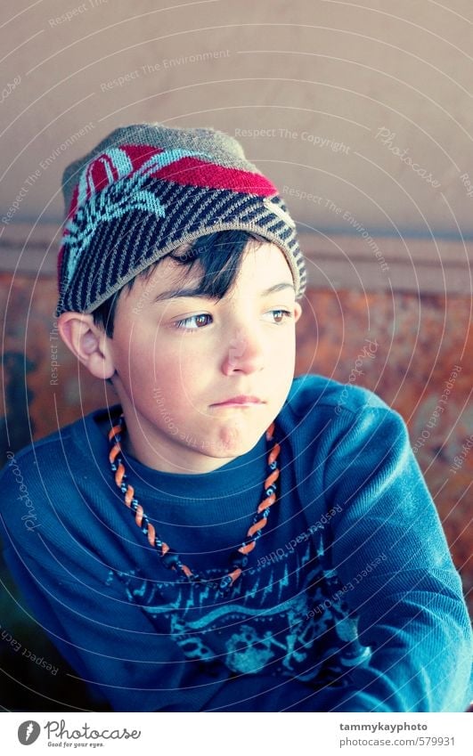 Cute boy in hat looking sad Child Boy (child) Youth (Young adults) 1 Human being 3 - 8 years Infancy Fashion Hat Looking Sadness Blue Moody Concern Grief