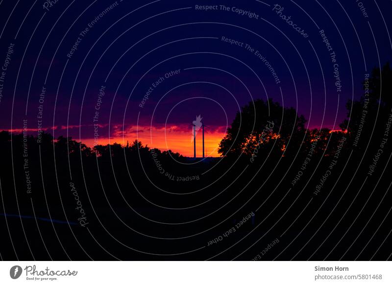 Sunset with intense colors, wind turbines and a large treetop sunset windmills Treetop Landscape Intensive Sky Firmament Twilight Dusk Evening Horizon Clouds