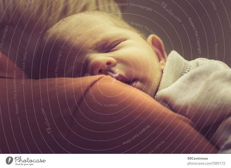 Sleeping baby on the shoulder Baby Woman Adults Mother 1 Human being 2 0 - 12 months Dream Beautiful Yellow Orange Red Feeble Colour photo Studio shot