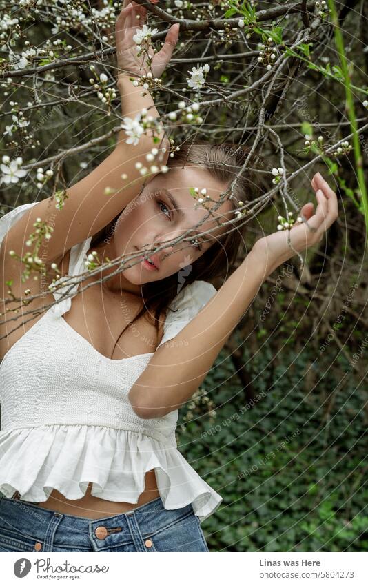 A wild girl amidst a forest filled with flowers surrounding her. A beautiful girl in a white top is posing flawlessly. Such a stunning woman amidst the spring scenery.