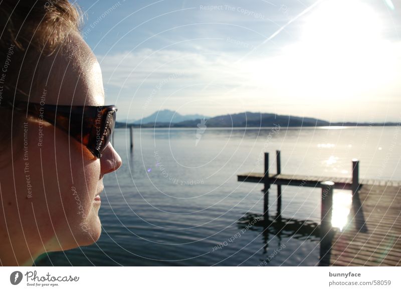 sun protection Sunglasses Woman Lake Zugersee Lake Vantage point Calm To enjoy Footbridge Water Blue Looking