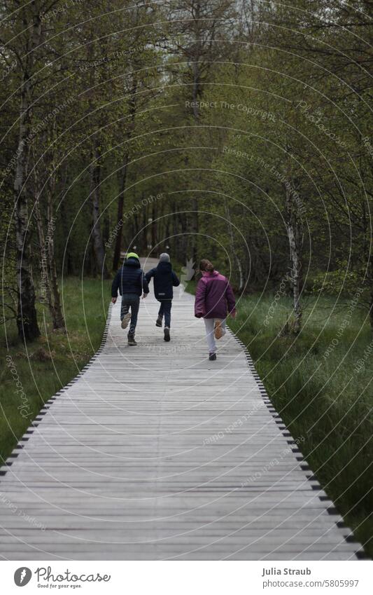 Sunday excursion in the moor children fun Running Playing playing children at the same time out Footbridge Black Moor Rhön Spring Outdoors Happiness Family Joy