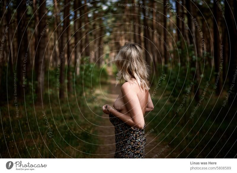 On such a wonderful summer day outdoors a gorgeous blonde girl feels wild and free. Undressing her fine summer dress she is showing her sexy curves. A topless model in a wild woods.