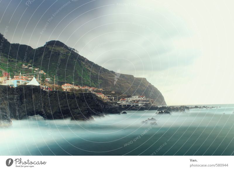 coastal fog Vacation & Travel Nature Landscape Water Sky Clouds Wind Rock Mountain Waves Coast Ocean Madeira Village House (Residential Structure) Blue