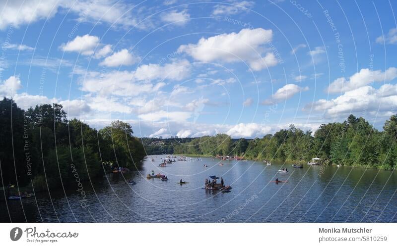 Boats on the river pretty Picturesque Moody Panorama (View) out bank reflection Exterior shot Reflection Landscape idyllically Green Idyll Life Tree Harmonious