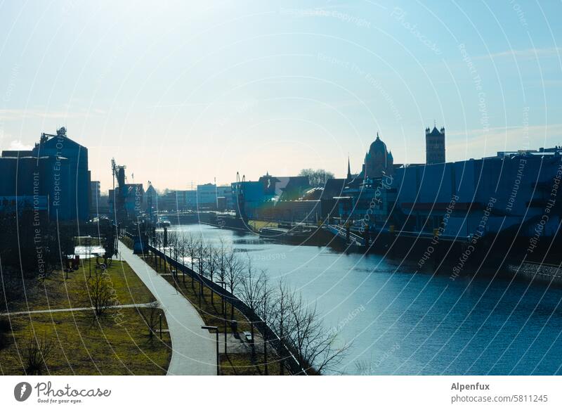 The Obererft in Neuss Cycle path walkway River Town Exterior shot Traffic infrastructure Deserted Lanes & trails Downtown old port Back-light Colour photo Day