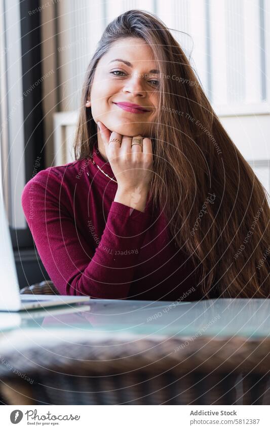 Portrait of smiling woman looking at camera happy smile style cafe charming positive elegant enjoy cheerful female adult lifestyle rest lady brunette content