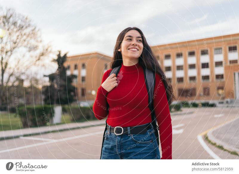 beautiful Student girl portrait smiling in college happy education class young student school cute female backpack smile teenager person building bag youth