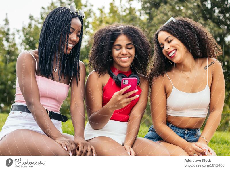 African American Friends Enjoying Summer Together and using smartphone Smartphone Diversity Youth Connection Communication Joy Laughter Happiness Leisure