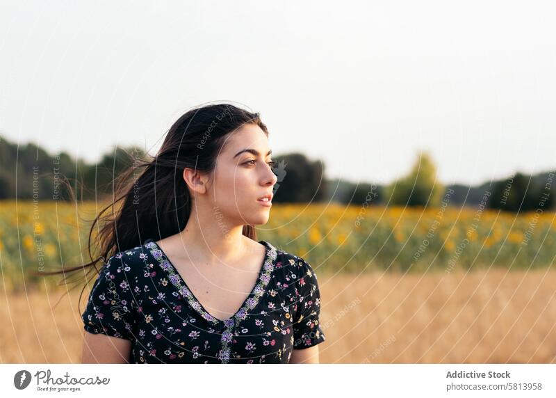 Portrait of a pretty young woman with long hair in the countryside sunflower nature field people summer agriculture outdoor yellow happy landscape background