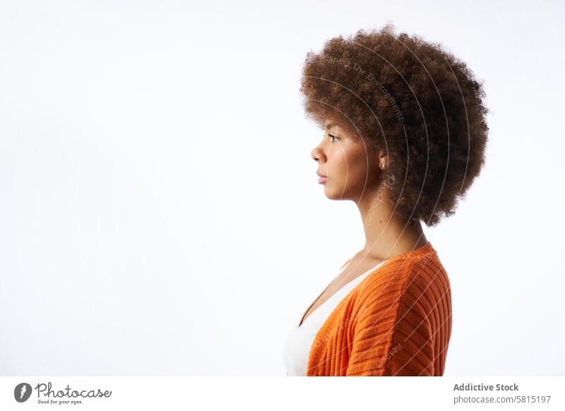 portrait of young latina woman with afro hair side view isolated on white background studio jacket orange color female curly black person beauty african