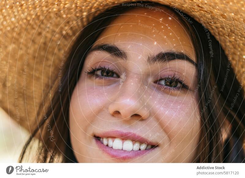 Portrait of a beautiful woman with a straw hat forest female young nature park lifestyle walk leisure outdoors sunny tree caucasian holiday happiness green