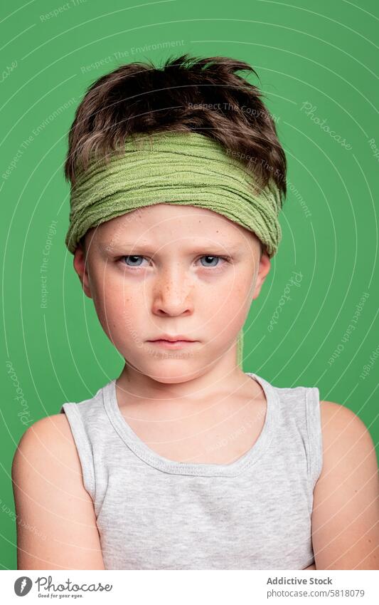 Determined young boy with headband in studio child serious green looking at camera expression close-up studio shot determined child model portrait sad