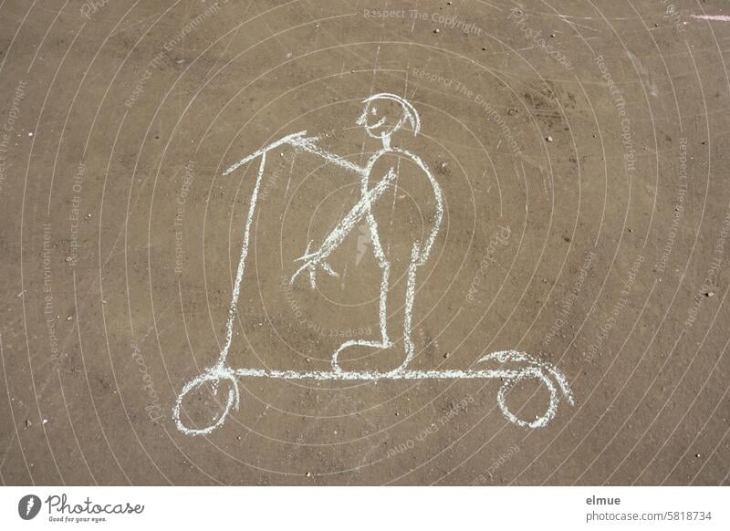 scooter rider drawn on the concrete floor with white chalk by a child Children's drawing Scooter Chalk drawing Painting (action, artwork) Scooter riding