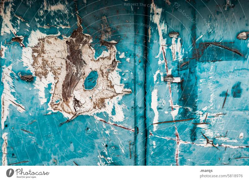 deep sea Wall (building) Turquoise Abrasion Weathered Decline Transience Detail Ravages of time rust stains Tin Container Broken Tracks Surface structure