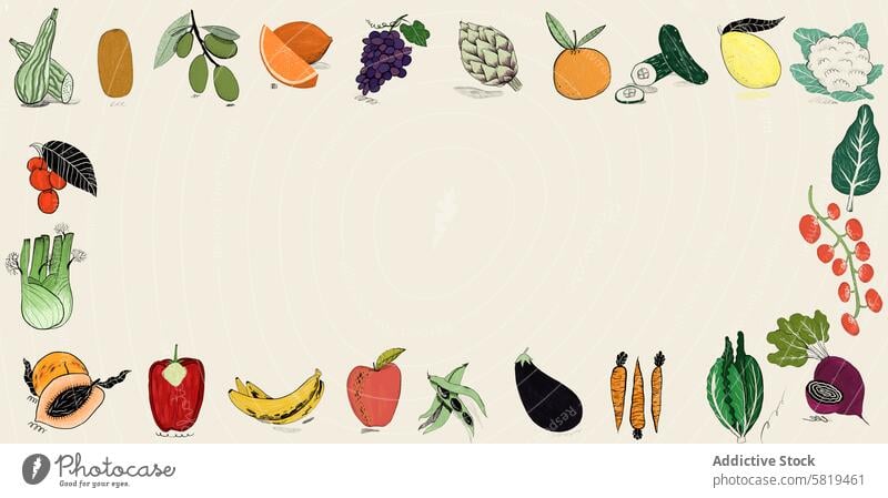 Colorful illustrations of assorted fruits and veggies vegetable art color healthy food organic market culinary design diet nutrition vegan vegetarian sketch