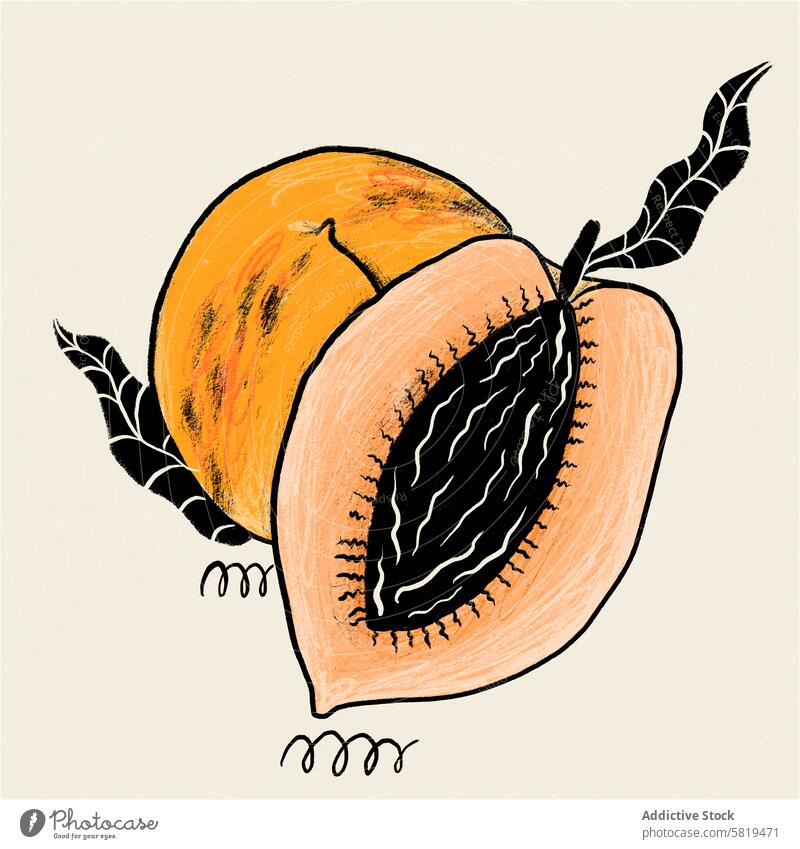 Papaya illustration with artistic flair papaya fruit ripe seed black cut open hand-drawn creative drawing design tropical food healthy colorful vibrant texture