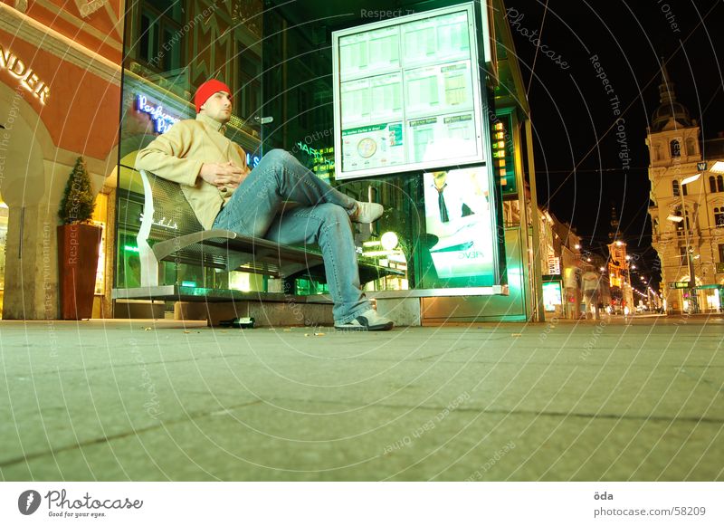 waiting Man Tram Shelter Graz Main square Schedule (transport) Planning Places Wait Bus Sit Bench time display Paving stone