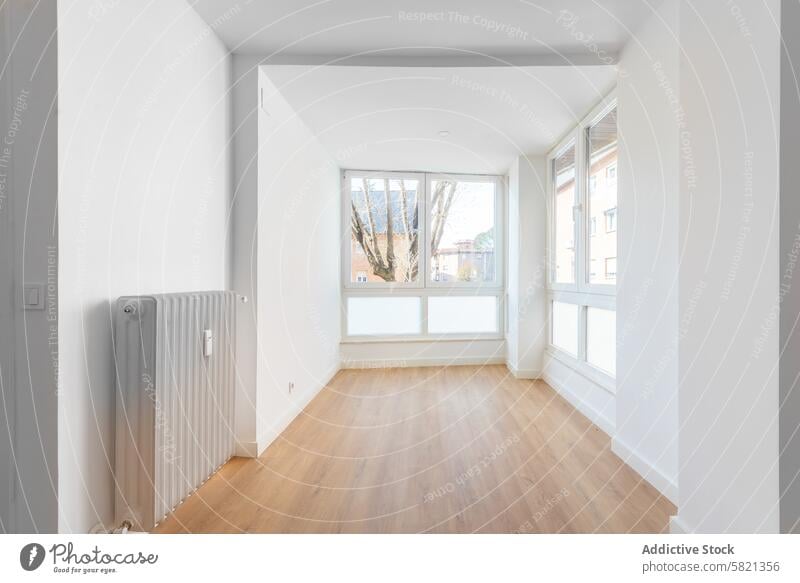 Bright and spacious empty apartment interior room bright window wooden floor white wall real estate photography home property residential building urban clean