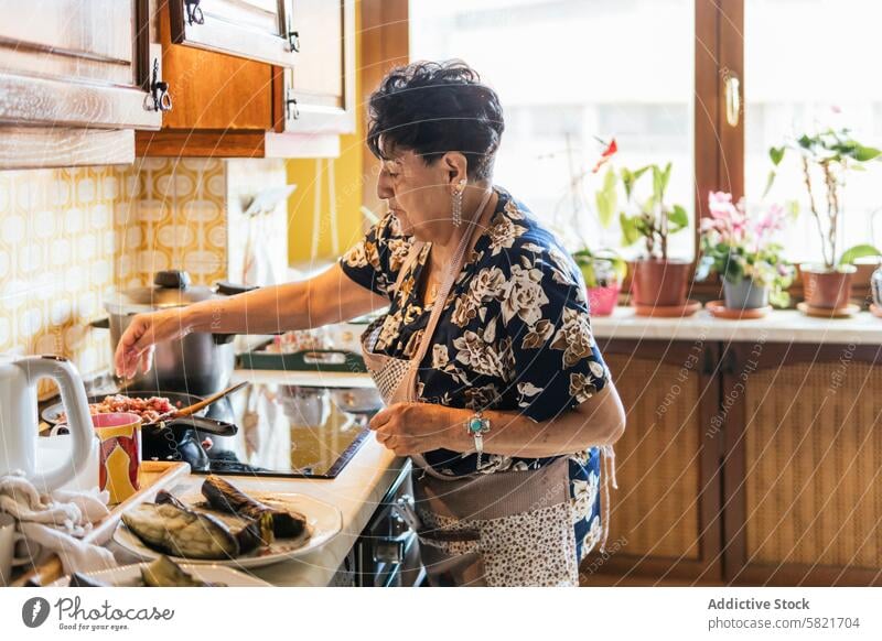 Elderly woman preparing a meal in her kitchen senior cooking home elderly stove ingredients plants background domestic lifestyle culinary healthy activity