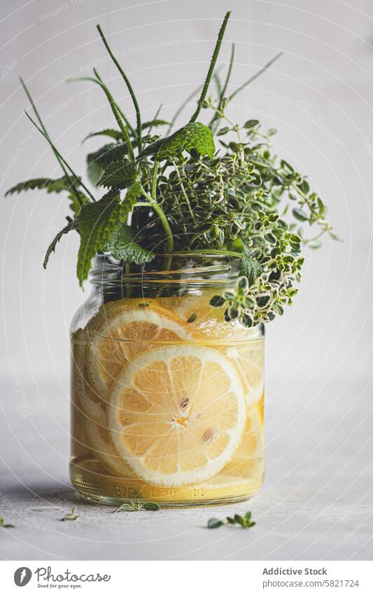 Lemon slices and herbs in jar for a fresh look lemon glass jar thyme chive melissa lemon balm spinach sliced aromatic refreshing light background ingredient