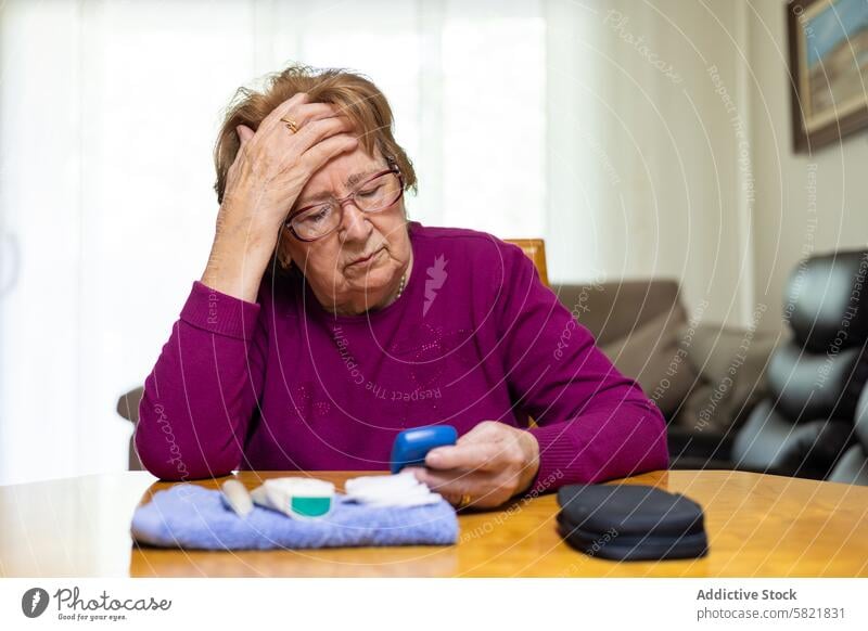 Elderly woman checking glucose level feeling unwell elderly senior hypoglycemia health blood sugar diabetes medical care condition symptom worried monitor