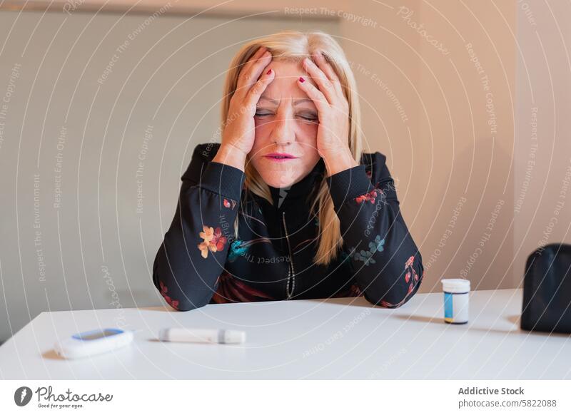 Middle-aged woman experiencing a moment of hypoglycemia distress glucose meter medication table health issue medical condition diabetes pain suffering headache
